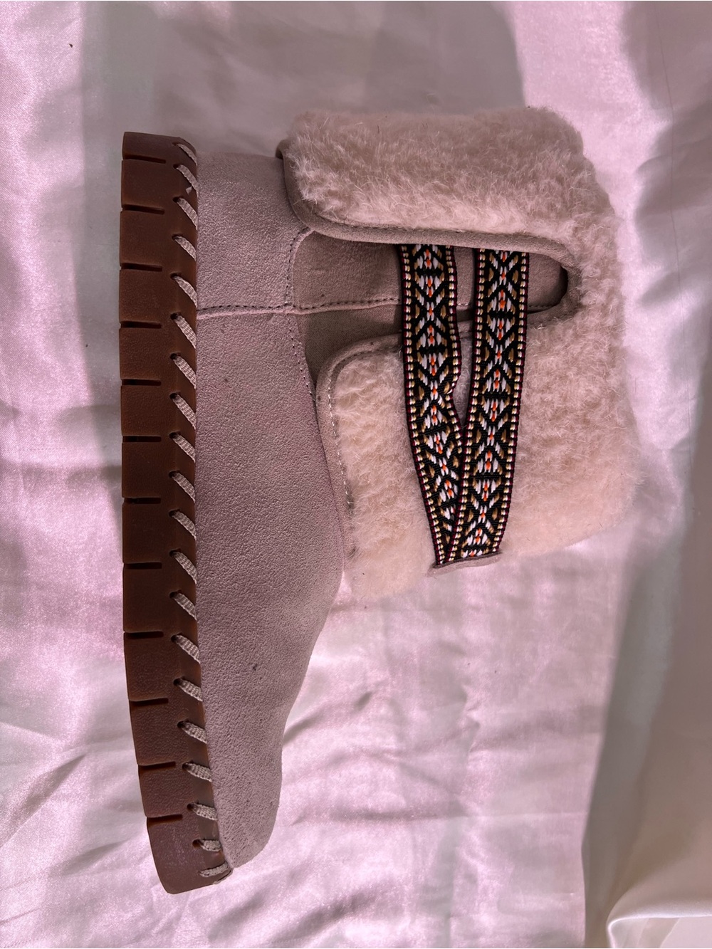 Muk Luks Cream Suede Shearling-Trim Ankle Boot with Patterned Strap